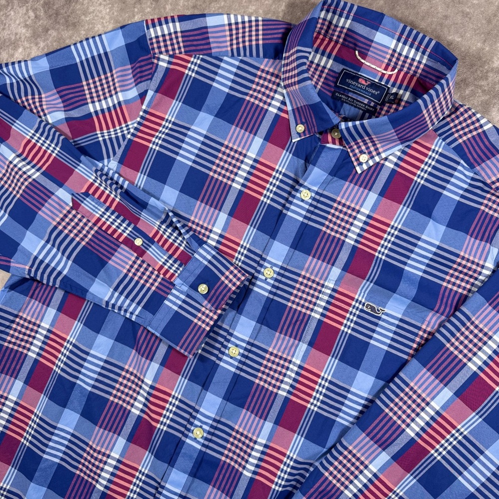 Vineyard Vines Performance Classic Fit Tucker Shirt Blue Red Plaid Mens XL